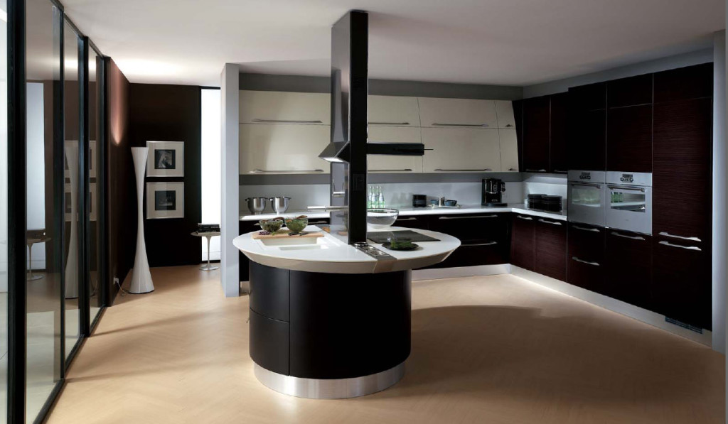 Brown Ceramic Floor With Black And White Italian Kitchen Design