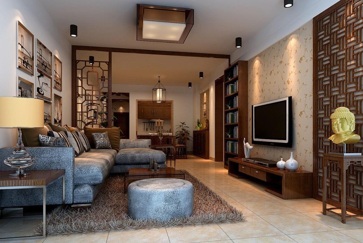 Delightful Oriental Style Decor Ideas Grey Shape Sofa And Nice Cushions Stylish Side Table