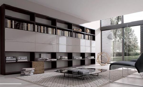Long Wall Storage Book Shelves Design
