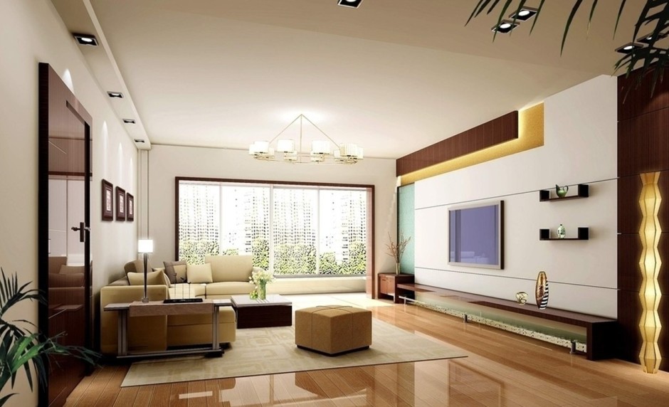 Luxurious Living Room With TV Wall And Glossy Wooden Floor