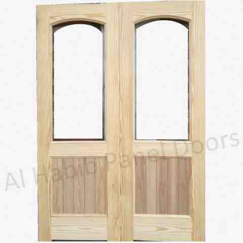 Yellow Pine Wood Semi Solid Glass Double Door